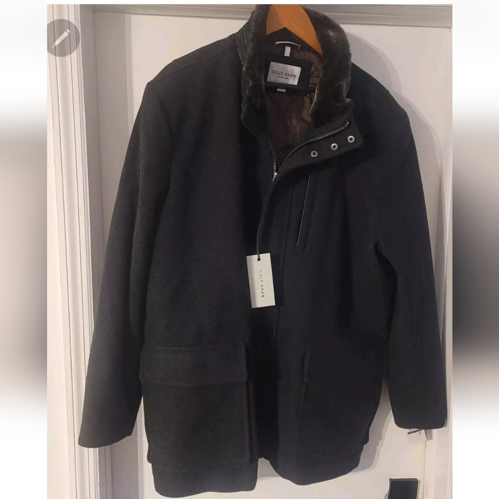 Cole Haan Men Charcoal Signature Car Coat Faux Fur Collar Quilted Lining XXL NWT